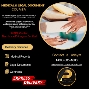 Medical and legal document courier service flyer offering HIPAA-certified, secure express delivery by Prestige Printing & Biometric Services