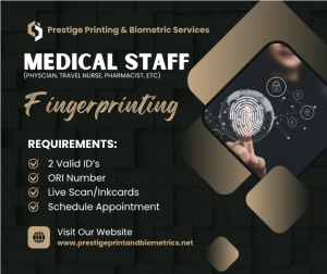 Medical staff fingerprinting service flyer offering live scan and ink fingerprinting by Prestige Printing & Biometric Services